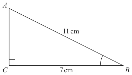 Right-angled triangle ABC with the right angle at C, AB = 11 cm, CB = 7 cm and angle ABC marked