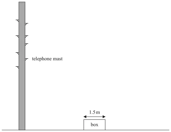Scale diagram: a tall telephone mast standing on the ground and a box of width 1.5 m