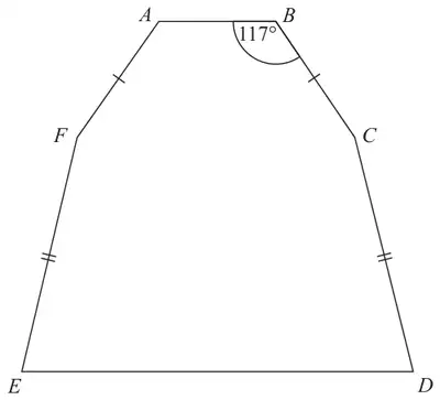 Hexagon ABCDEF with AB at the top and ED at the bottom; FA and BC marked equal, EF and CD marked equal; angle ABC = 117°