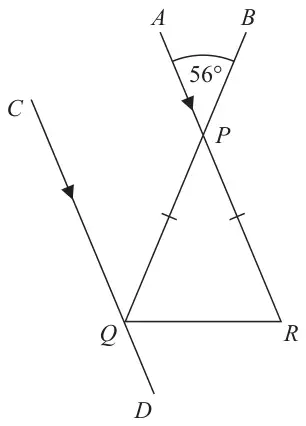 Isosceles triangle PQR with P at the top and QR horizontal; line APR extends through P to A, line BPQ extends through P to B, angle APB is 56 degrees; line CQD passes through Q parallel to APR, with arrows marking the parallel lines