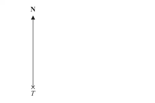 Point T marked with a cross, with a North arrow drawn vertically upwards from T