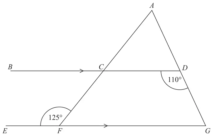 Triangle AFG with apex A at the top. Line BCD crosses AF at C and AG at D, parallel to EFG along the bottom. Angle EFC is 125° and angle CDG is 110°