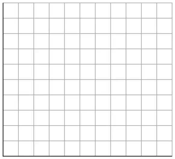 Blank square grid, 11 squares wide and 10 squares tall, with no axis labels or scales