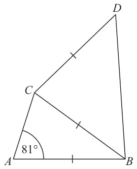 Triangles ABC and BCD sharing side BC; AB, BC and CD are marked equal; angle CAB is 81 degrees