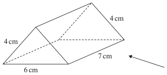 Solid triangular prism with triangular end of sides 4 cm, 4 cm and base 6 cm, length 7 cm; an arrow points at the triangular end