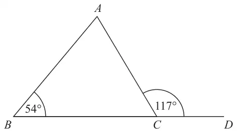Triangle ABC with BC extended to D. Angle ABC is 54 degrees and angle ACD is 117 degrees