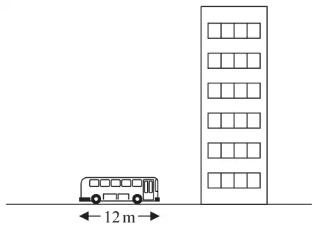 A bus of length 12 m drawn next to a tall building, both to the same scale