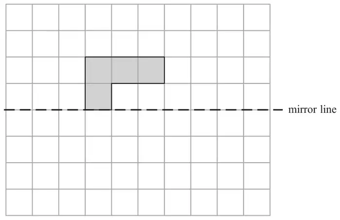 Square grid with a horizontal dashed mirror line and a shaded L-shape sitting on the mirror line above it