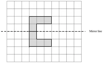 Mark scheme diagram: the L-shape and its reflection below the mirror line, forming a C shape