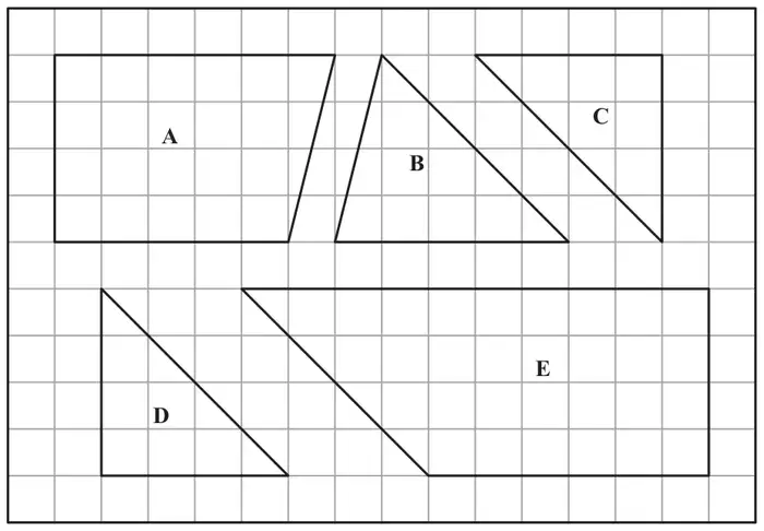 Five shapes A to E drawn on a centimetre grid: A, B and C in the top row, D and E in the bottom row