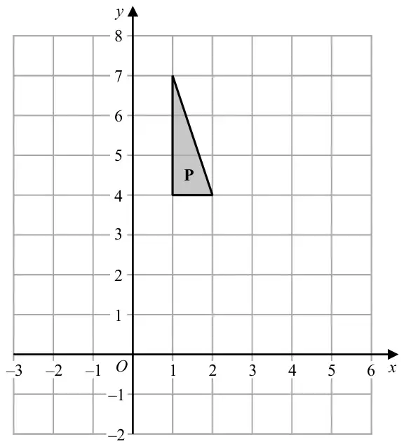 Coordinate grid, x from -3 to 6 and y from -2 to 8, with shaded triangle P with vertices (1, 7), (1, 4) and (2, 4)