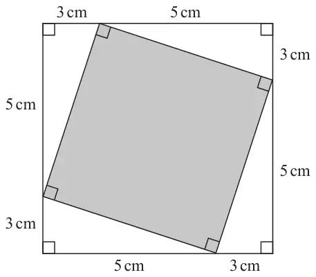 A shaded square drawn inside a larger square. Each vertex of the shaded square divides a side of the larger square into lengths 3 cm and 5 cm