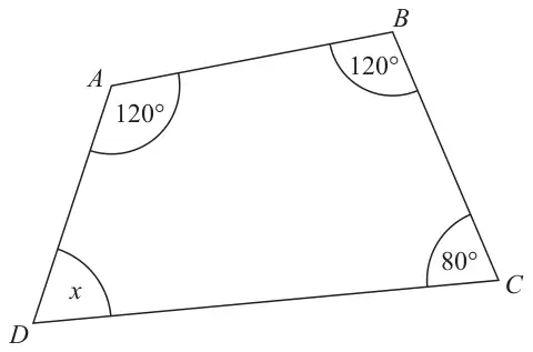 Quadrilateral ABCD with angle A = 120°, angle B = 120°, angle C = 80° and angle D marked x