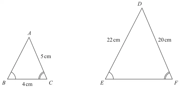 Triangle ABC with AC = 5 cm and BC = 4 cm. Triangle DEF with DE = 22 cm and DF = 20 cm. Angle B equals angle E and angle C equals angle F
