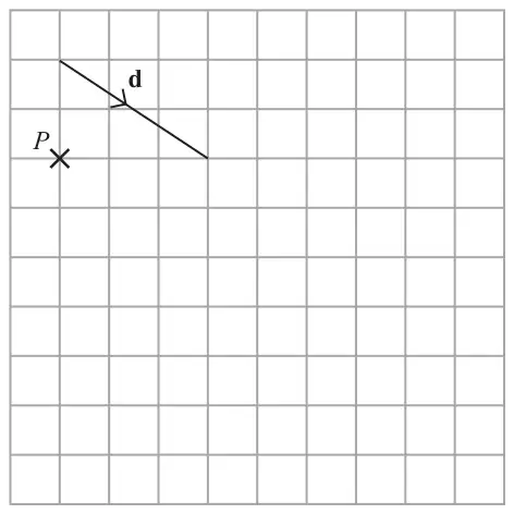 Square grid with point P marked with a cross. Vector d is drawn as a line segment 3 squares to the right and 2 squares down, with an arrow showing its direction
