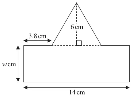 Isosceles triangle of height 6 cm on top of a rectangle 14 cm long and w cm wide; each end of the rectangle extends 3.8 cm beyond the base of the triangle