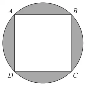Square ABCD drawn inside a circle with its four corners on the circle; the regions between the square and the circle are shaded