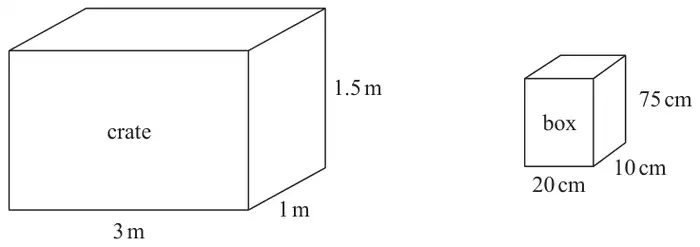 A cuboid crate 3 m by 1 m by 1.5 m and a cuboid box 20 cm by 10 cm by 75 cm
