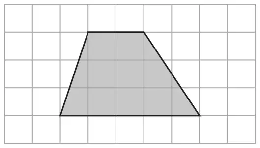 A shaded trapezium drawn on a square grid, with a horizontal top side of 2 squares and a horizontal bottom side of 5 squares