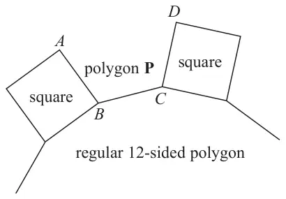 Part of a regular 12-sided polygon with a square on each of two adjacent sides; A, B, C and D are vertices of polygon P, which fits between the squares