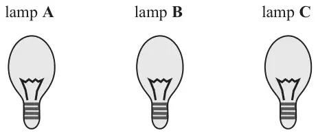 Three light bulbs labelled lamp A, lamp B and lamp C