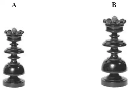 Two similar solid shapes, A and B, shaped like chess pieces, with B larger than A