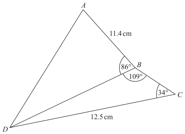 Triangles ABD and BCD sharing side BD; AB = 11.4 cm, DC = 12.5 cm, angle ABD = 86 degrees, angle DBC = 109 degrees and angle BCD = 34 degrees