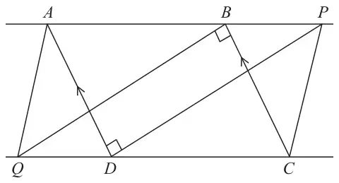 Parallelogram ABCD with AB extended to P and CD extended to Q; lines DP and BQ are drawn