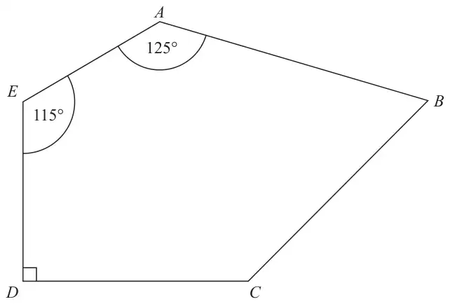 Pentagon ABCDE with angle EAB = 125 degrees, angle AED = 115 degrees and a right angle at D