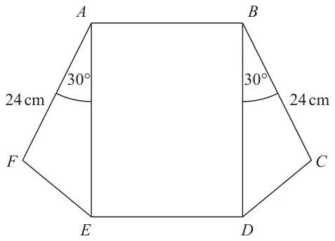 Rectangle ABDE with triangle AFE on the left side and triangle BCD on the right side; AF = BC = 24 cm and angle FAE = angle CBD = 30 degrees