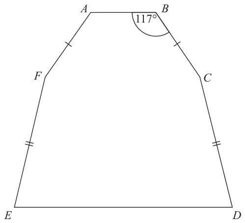 Hexagon ABCDEF with AB at the top and ED at the bottom; FA = BC and EF = CD are marked; angle ABC = 117 degrees