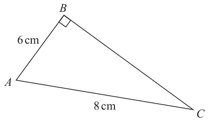 Right-angled triangle ABC with the right angle at B; AB = 6 cm and AC = 8 cm