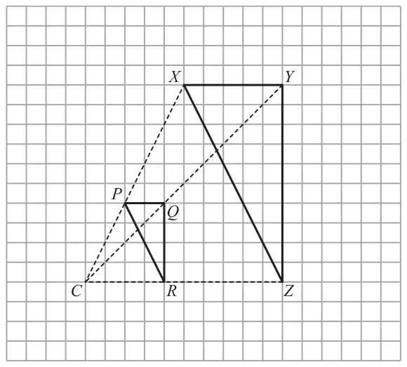 Grid showing triangle PQR, centre of enlargement C and Roy's triangle XYZ, with dashed lines from C through P to X and through Q to Y