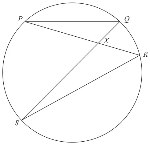 Circle with points P, Q, R and S on it. Chords PQ, PR, SQ and SR are drawn; PR and SQ cross at X