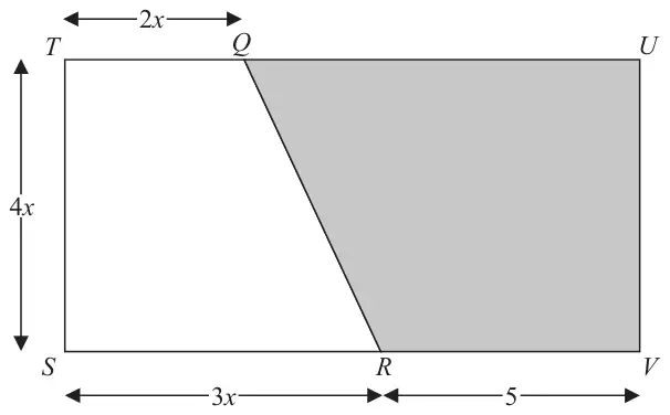 Rectangle STUV with T top left, U top right, S bottom left and V bottom right. Q is on TU with TQ = 2x; R is on SV with SR = 3x and RV = 5; TS = 4x. The trapezium QUVR is shaded