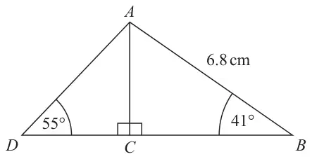 Triangle ABD with base DB. C is on DB and AC is perpendicular to DB. AB is 6.8 cm, angle ABC is 41 degrees and angle ADC is 55 degrees