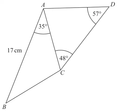 Quadrilateral ABCD with diagonal AC; AB = 17 cm, angle BAC = 35 degrees, angle ACD = 48 degrees, angle ADC = 57 degrees