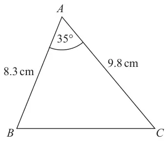 Triangle ABC with AB = 8.3 cm, AC = 9.8 cm and angle BAC = 35 degrees