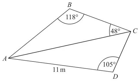 Quadrilateral ABCD split by diagonal AC into triangles ABC and ADC; angle ABC = 118 degrees, angle ACB = 48 degrees, angle ADC = 105 degrees, AD = 11 m