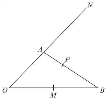 Triangle OAB with OA extended to N; M is the midpoint of OB and P is a point on AB