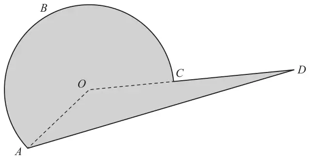 Shaded shape ABCD made from triangle AOD and a sector of a circle with centre O