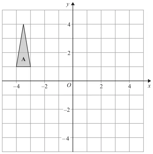 Grid with x and y from -4 to 4 showing triangle A with vertices at (-4, 1), (-3, 1) and (-3.5, 4)