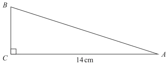Right-angled triangle ABC with the right angle at C, AC = 14 cm horizontal and B above C