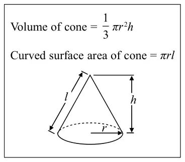 Formula box: Volume of cone = one third pi r squared h; Curved surface area of cone = pi r l; with a cone labelled slant height l, vertical height h and radius r