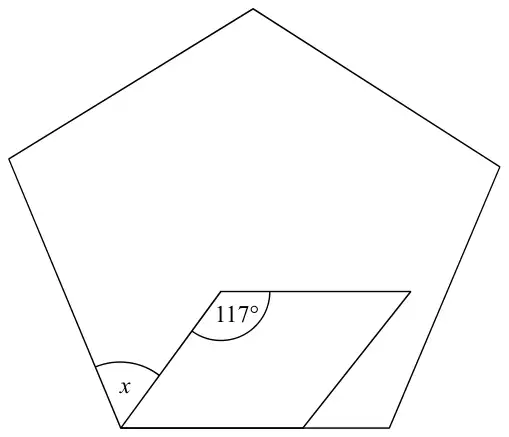 Regular pentagon with a parallelogram inside it sharing part of the bottom side; one vertex of the parallelogram is at the bottom-left vertex of the pentagon. Angle x is between the pentagon side and the parallelogram side at that vertex; the angle 117 degrees is at the top-left vertex of the parallelogram