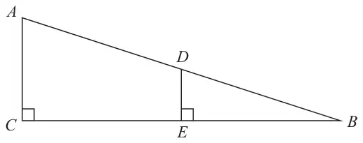 Triangle ACB with a right angle at C; D lies on AB and E lies on CB, with DE perpendicular to CB so there is a right angle at E
