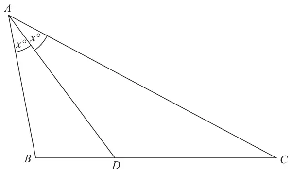 Triangle ABC with D on BC; the line AD splits angle BAC into two equal angles, each marked x degrees