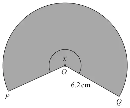 Shaded major sector POQ of a circle centre O, radius 6.2 cm, with the reflex angle x marked at O