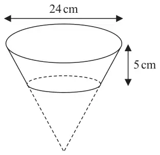 Frustum F of a cone: top diameter 24 cm, height 5 cm, with the removed smaller cone shown dashed below