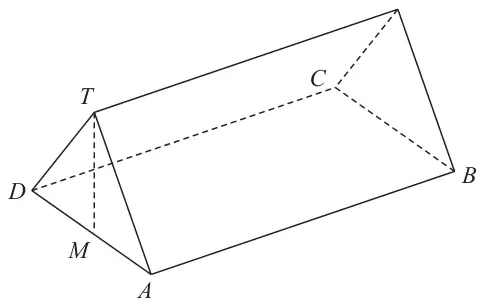 Triangular prism on rectangular base ABCD; T is the top vertex of the triangular end above AD, with M the midpoint of AD vertically below T